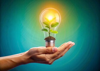Nurturing Ideas: Hand Cultivating Plant from Light Bulb - Flat Design Illustration
