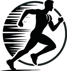 Silhouette of a runner, dynamic pose, circular frame, speed lines, black and white graphic, stylized athletic logo, minimalist design, motion blur effect, energetic composition, high contrast, vector 
