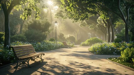 Park pathway sunlight lush trees