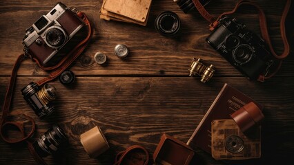 Vintage camera collection on wooden background