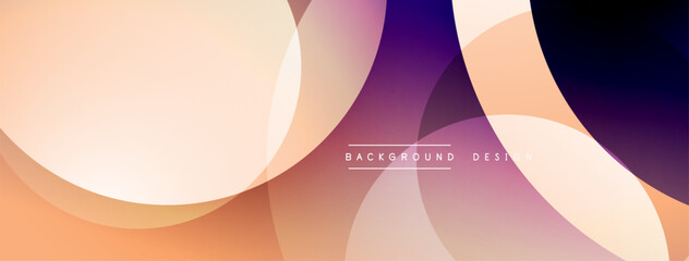 Abstract background features overlapping circles, gradients. Peach, purple, navy tones create modern aesthetic. Minimal text present.