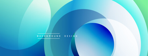 Abstract background features overlapping circles. Gradient shades of blue, turquoise, green create dynamic visual effect. Modern design element.