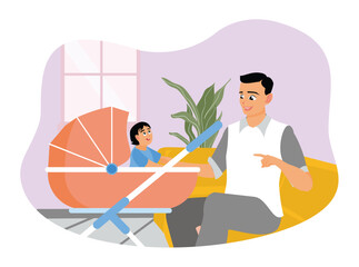 Happy family spare time of kids and daddy on paternity leave.