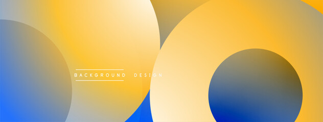 Abstract geometric shapes overlap. Yellows, blues create gradient effect. Minimalist design suitable for backgrounds, presentations.