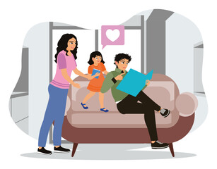 Young parents read books to their daughter and relax together on the sofa in the living room.