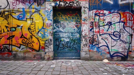 Naklejka premium Urban graffiti door colorful street art