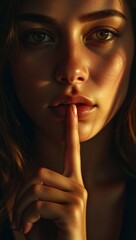 Naklejka premium Closeup of a young womans face, bathed in golden sunlight. Her finger is on her lips, suggesting secrecy or silence. The image highlights her beautiful eyes, skin, and lips.