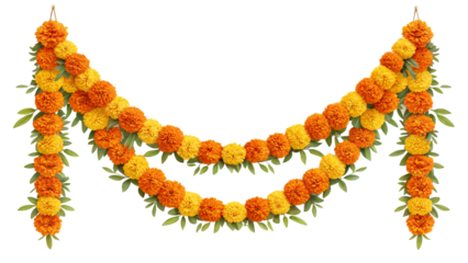 Traditional Marigold Garland on Transparent Background"
