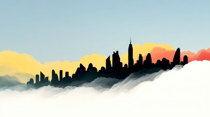 Dreamy City Skyline Silhouette Above Cloudscape  Sunrise