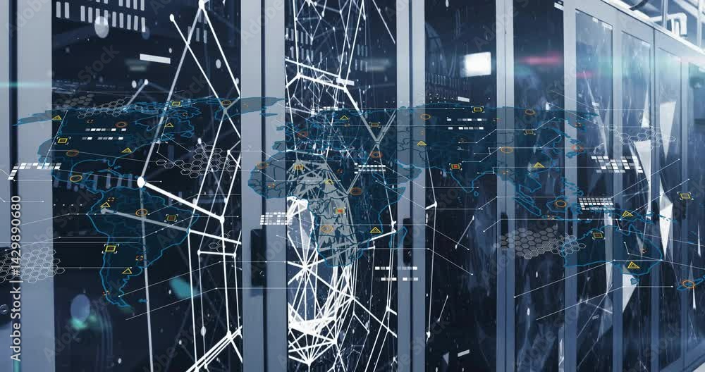 Poster high-tech data center showing floating network nodes, with hexagonal grid overlay on server racks