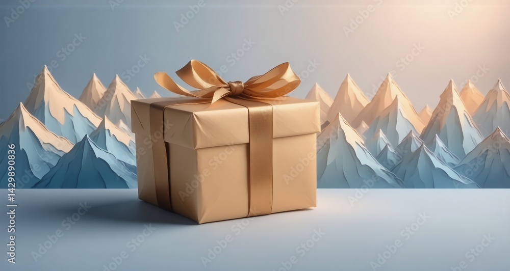 Aufkleber a gold gift box tied with a matching ribbon sits before stylized, mountain-like forms. the scene has