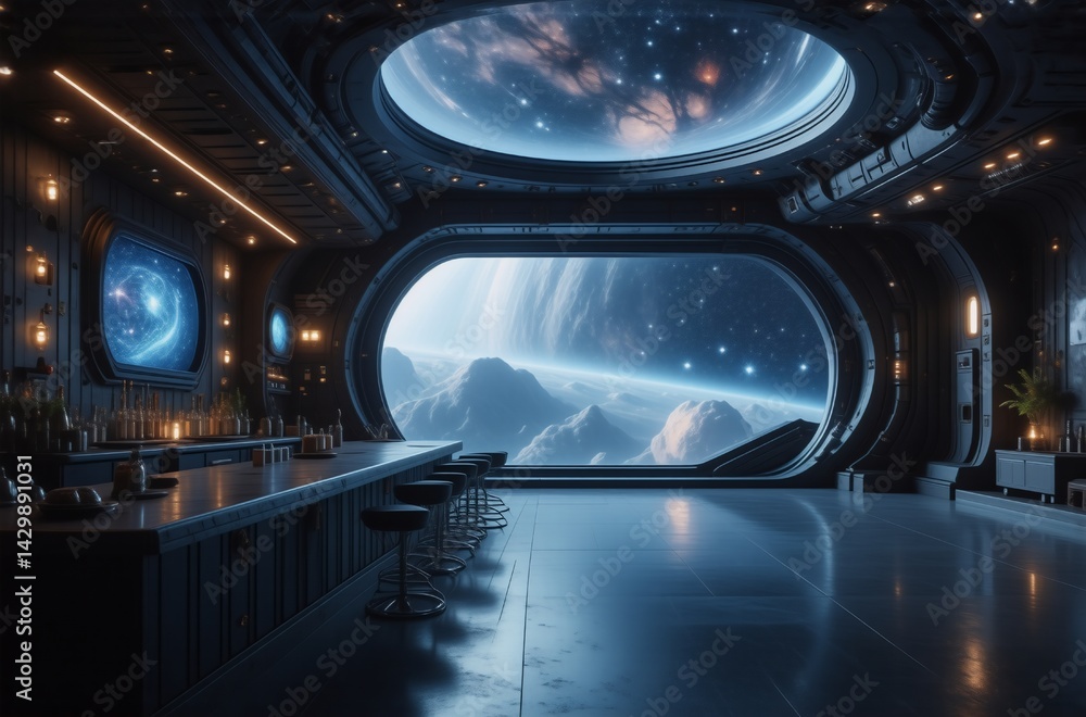 Poster Futuristic spaceship bar with panoramic space view. Sleek design, dark tones, and ambient lighting create a tranquil yet exciting atmosphere.  A large window showcases a breathtaking view of an alien 