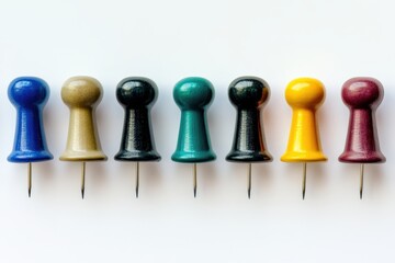 A row of colorful wooden pushpins arranged in a straight line.