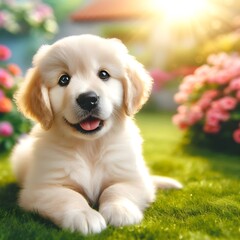 Radiating pure puppy joy: a fluffy Golden Retriever puppy with an endearing smile, its playful spirit evident in its relaxed posture within a serene garden setting filled with delicate pink flowers an