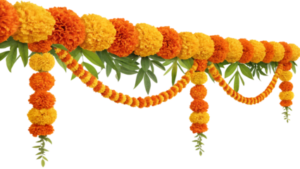 Traditional Marigold Garland on Transparent Background"