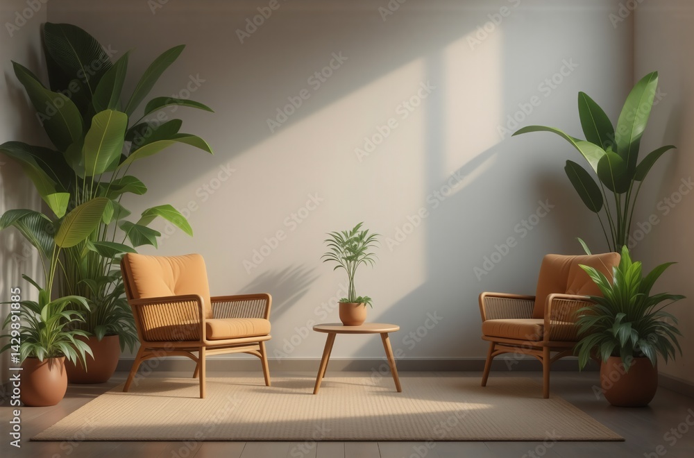 Poster sunlight streams into a minimalist room, illuminating two armchairs, a small round table, and lush p