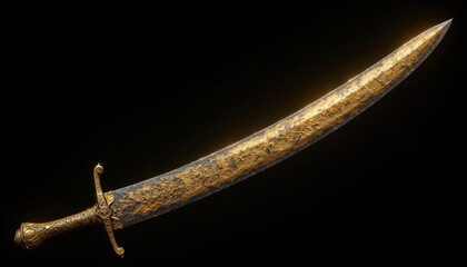 Obraz premium beautifully crafted scimitar with curved blade, featuring intricate golden detailing and weathered appearance, exuding sense of history