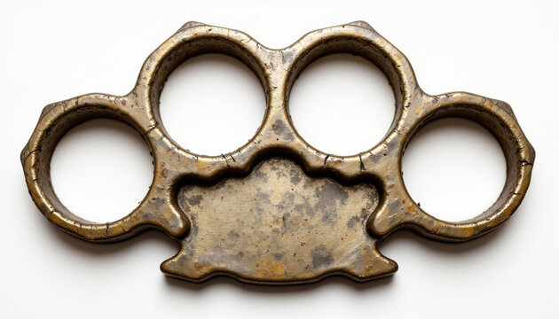 set of brass knuckles with worn metallic finish, showcasing rugged design and unique texture. This item evokes sense of strength and resilience