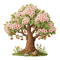 Pink Blossom Cherry Tree with Cat in Basket