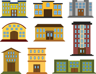 Set of school building illustrations featuring different architectural styles, colors, and design. Ideal for educational projects, back-to-school themes, children books, and academic designs.