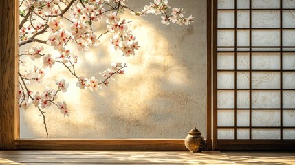 Serene Interior View Featuring Cherry Blossom Branch and Shoji Screen