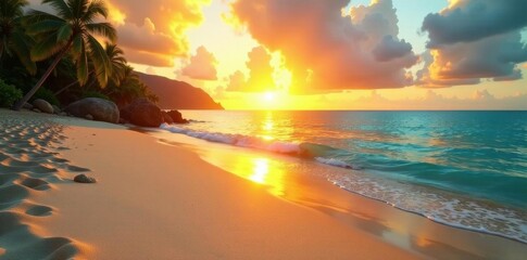 Golden sunrise reflects on calm tropical ocean; soft sand stretches out, daybreak, warm, shore