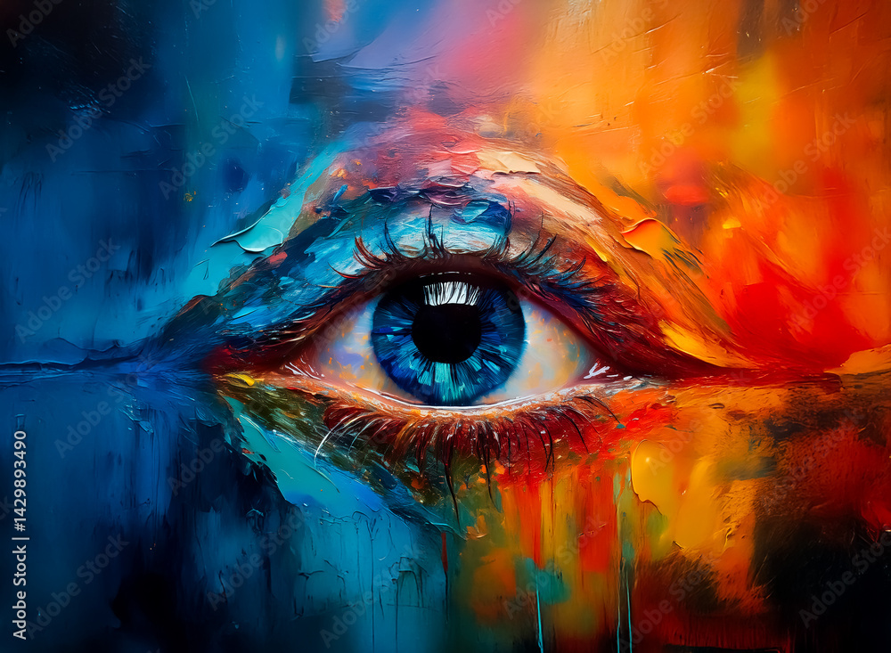 Poster an artistic vision of a human eye, split between vibrant colors. blues and oranges blend to create a