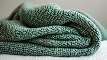 Fototapeta premium Soft moss-colored knit blanket neatly displayed on a white background