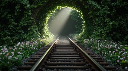 Obraz premium Forgotten Railway Tunnel Wrapped in Ivy with Flowering Plants and Sunlight Streaming Through