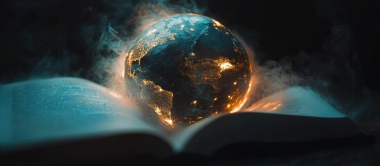 Illuminated globe resting on an open book, shrouded in ethereal mist and darkness