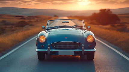 A classic vintage car cruising down an open road, surrounded by scenic landscapes, evoking a sense of nostalgia and freedom, perfect for travel, automotive, and retro-themed visuals.


