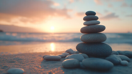 Stacked pebbles on a sandy beach at sunset, representing inner balance and calm