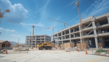 Building Under Construction with Crane and Blue Sky