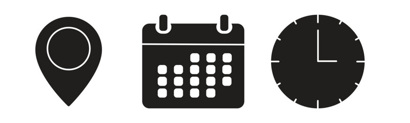 Time, calendar, location icon set. Clock, pin, date signs.