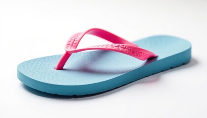 Close-up of a single flip-flop against a stark white backdrop, travel, comfort