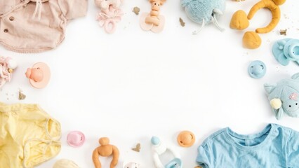 Baby toys and pastel clothes in nursery flatlay