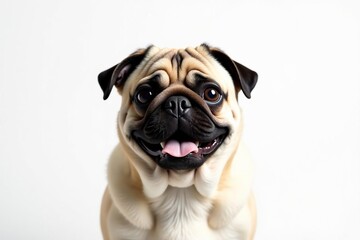 Solo pug, alert expression, pure white backdrop, photography, purebred, attentive