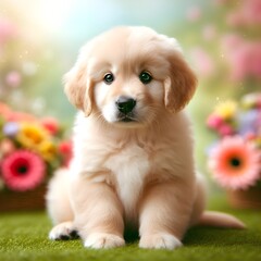 Adorable Light Golden Lab Puppy with an Innocent Expression Posing Gently on a Green Surface Amidst a Dreamy Backdrop of Pink and Yellow Blossoms