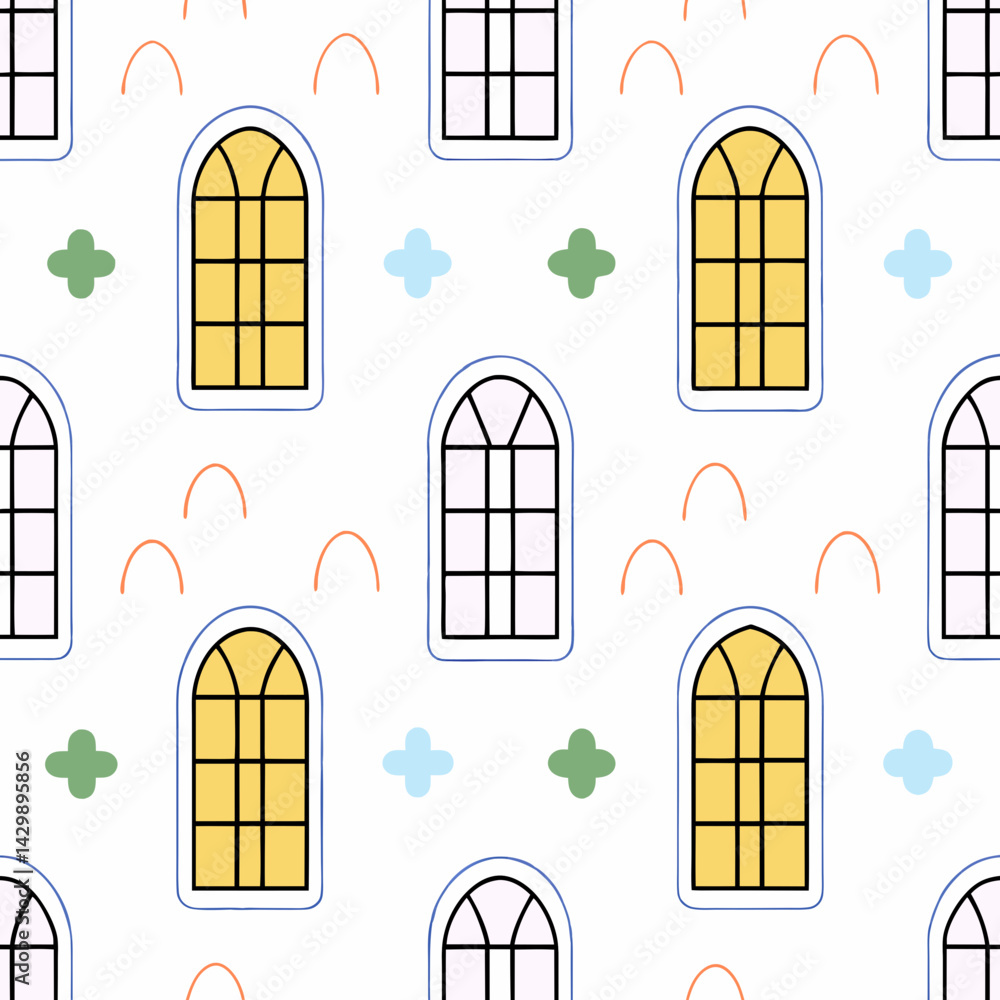 Poster seamless vector modern background, bright and colorful seamless pattern featuring various window des