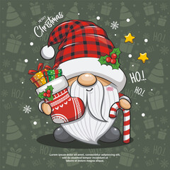 Cute Gnome Santa Claus With Christmas Sock On Green Background. Cartoon Illustration