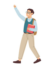 Male Teacher Waving Holding Books Backpack Greeting Character School