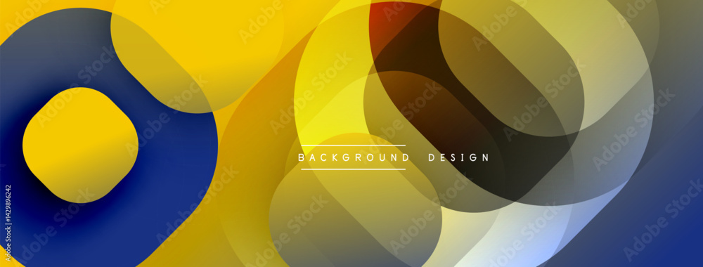 Poster abstract circles overlap, creating dynamic yellow, blue, brown gradients. modern design, simple shap