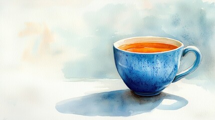 Blue Ceramic Cup with Tea on a Minimalist Background in Watercolor