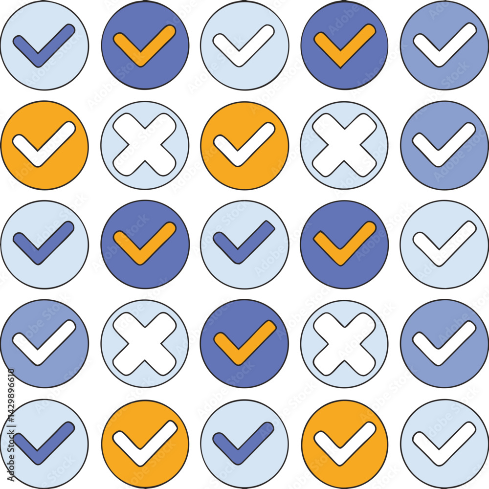 Poster seamless vector modern background, glossy checkmarks and x icons arranged in grid pattern, showcasin