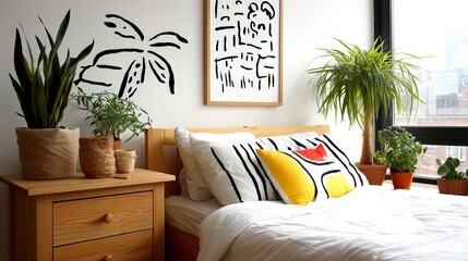 Modern Bedroom Decor  Plants  Wooden Furniture  Abstract Art