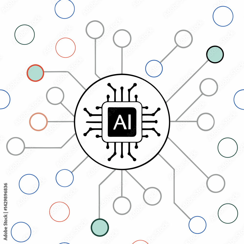 Aufkleber seamless vector modern background, ai symbol in center with neural nodes connected, representing tec