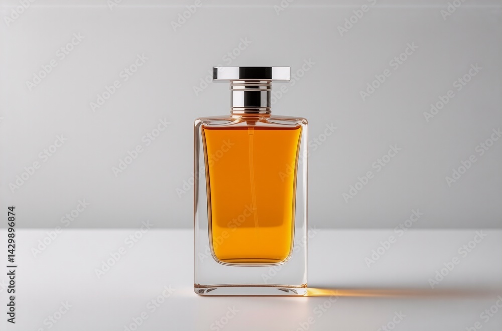 Poster a rectangular amber perfume bottle with a silver cap sits on a white surface, illuminated by a soft 
