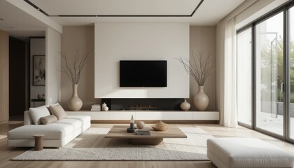 Modern Minimalist Living Room Interior Design: Beige and White Serenity