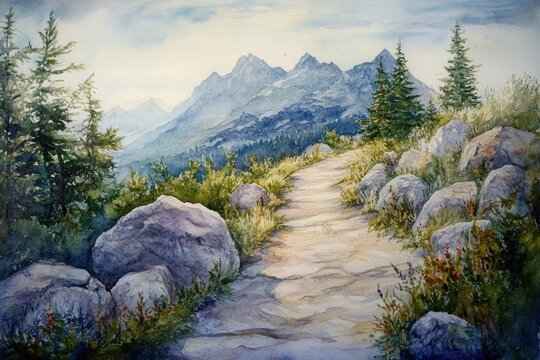 A watercolor painting depicts a mountain landscape with a winding path