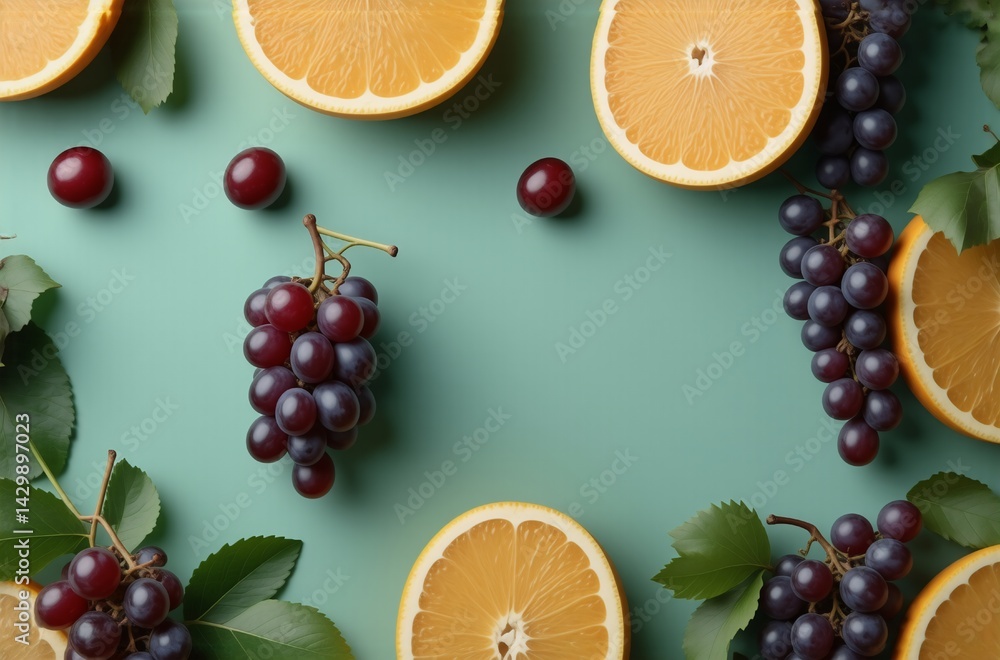 Poster Vibrant red grapes and orange slices arranged with cherries and leaves on a teal background, creating a refreshing and healthy frame.